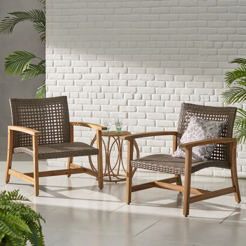 Wellard Outdoor Wood and PE Wicker Club Chairs, Natural Stained Frame/Mix Mocha Wicker