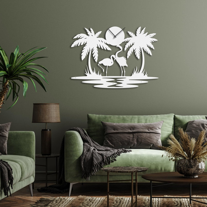 Grande horloge murale en métal palmier tropical, L 36 po x H 36 po, Blanc
