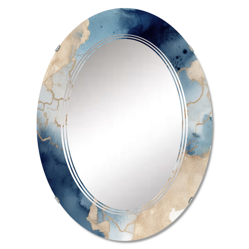 Miroir mural bleu, or et marbre, fractales modernes - bleu et or, nuages de marbre, 30 po x 20 po