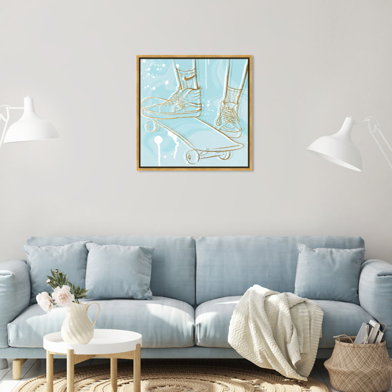 Pastel et planche à roulettes dorée - peinture sur toile, H 24 po x l 24 po, Encadrement doré