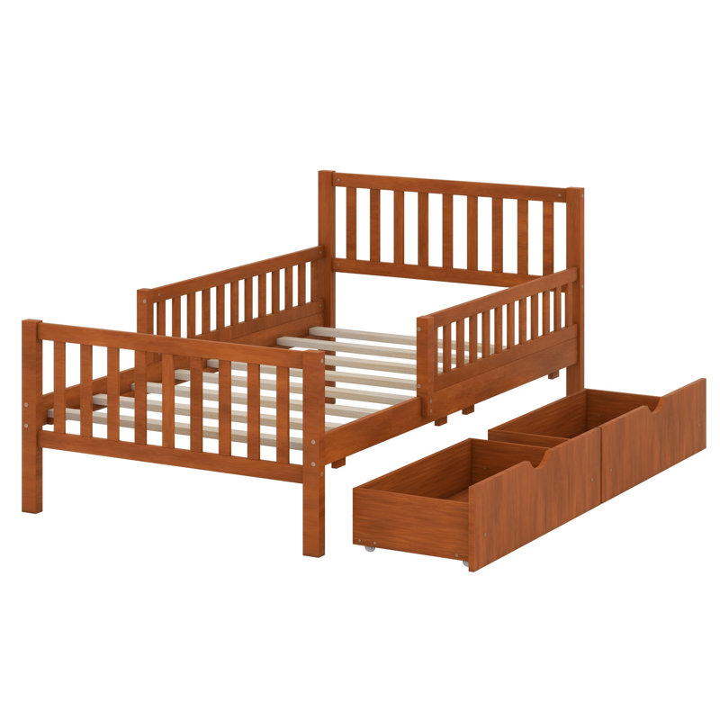 Lit plateforme en bois avec garde-corps des deux côtés et deux tiroirs de rangement, Simple