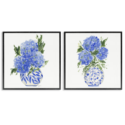 Hortensias dans des vases ornés, ensemble de 2 giclées encadrées, design par Lucille Price