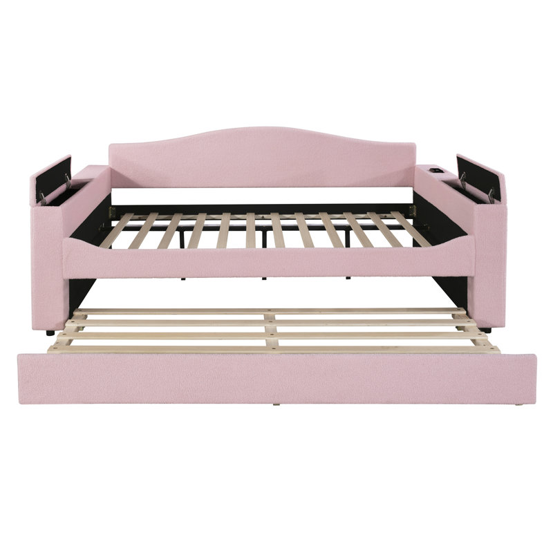 Gray Daybed With Trundle & Hidden Arm Storage Design, Pink, Full/Double
