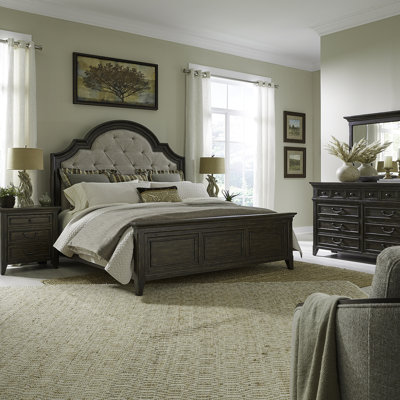 Trelawny California King Upholstered Bed, Dresser & Mirror, Nightstand Bedroom Set
