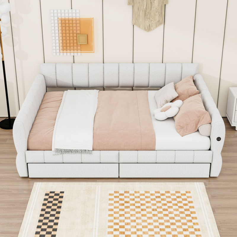 Queen Size Upholstered Daybed with Built-In USB Ports and Dual Storage Drawers, White