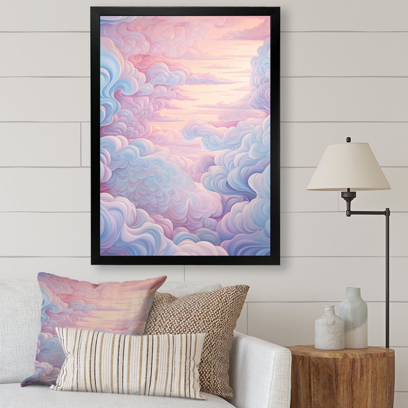 Paysage kawaii en rose doux sur toile, Cadre photo noir, H 20 po x l 12 po x P 1 po