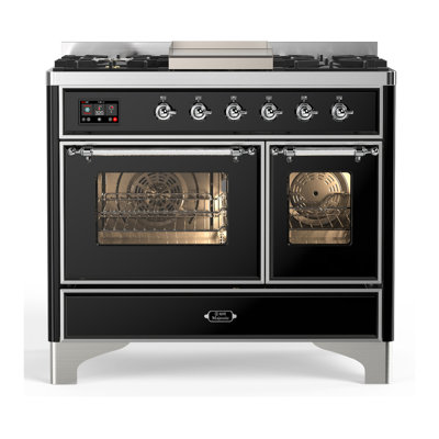 Cuisinière à carburant double de 40 po avec 6 brûleurs scellés et plaque chauffante Majestic III Series en noir brillant (gaz naturel, garniture chromée)