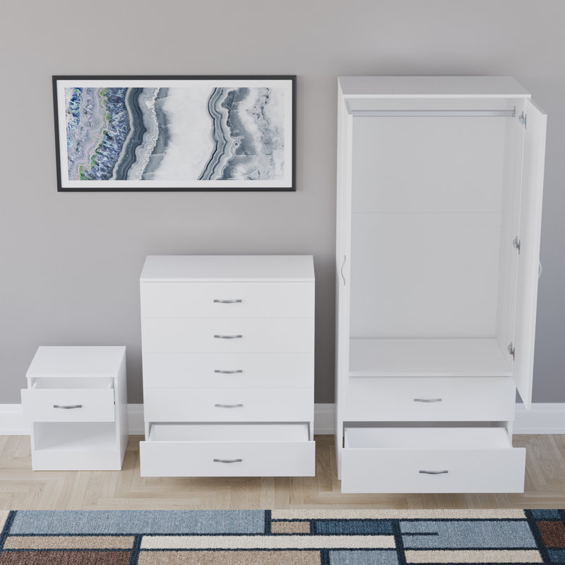 Maybery 3 Piece Bedroom Set (1 Drawer Bedside Chest, 5 Drawer Chest, 2 Door 2 Drawer Wardrobe), (4), White