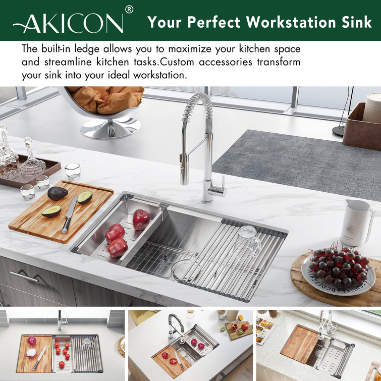 Akicon AK-WS301909R10 304 Stainless Steel 30 in. Single Bowl Undermount Workstation Kitchen Sink with Grid Cutting Board Colander Drying Rack Strainer