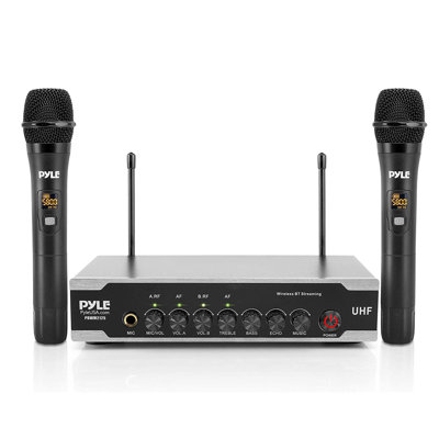 Système de microphone sans fil UHF portable Pyle - Ensemble de micros sans fil Bluetooth à piles, comprenant 2 micros portatifs, une base de récepteur, un Aux, RCA, pour la soirée de karaoké PA - PDWM2125