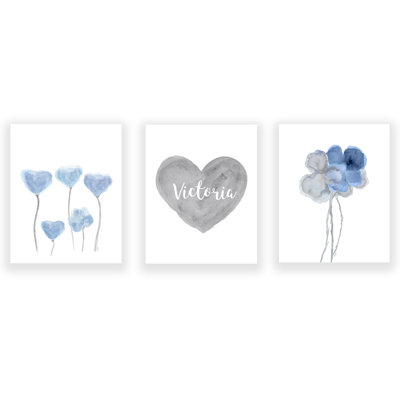 Blue and Gray Flowers & Personalized Heart, Paper Set