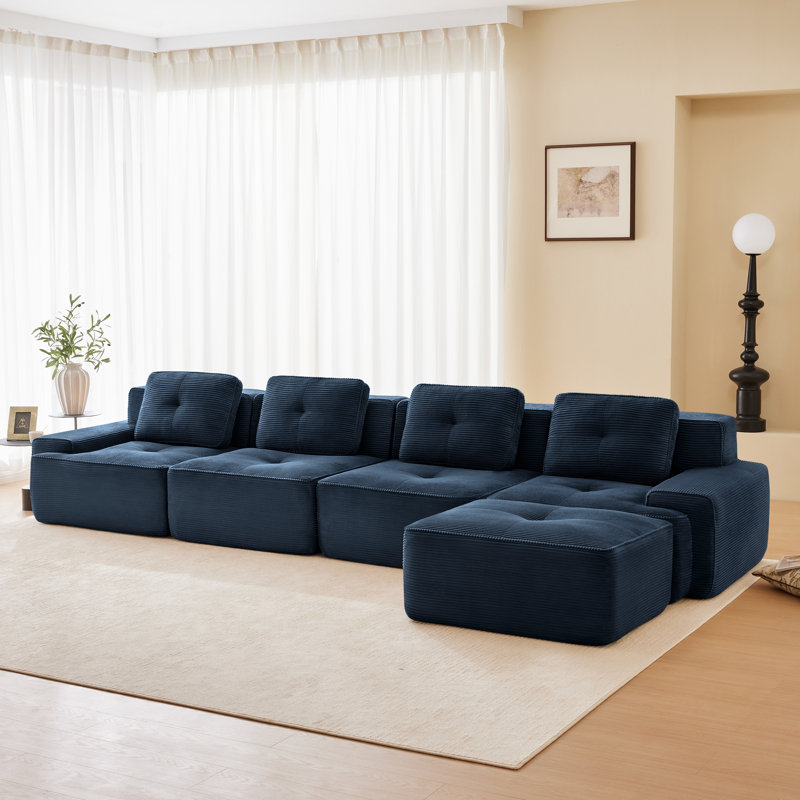 Canapé modulaire en L de 153 po avec passepoil Roomfitter, H 27,1 po x l 150,4 po x P 69,7 po, 4, Bleu