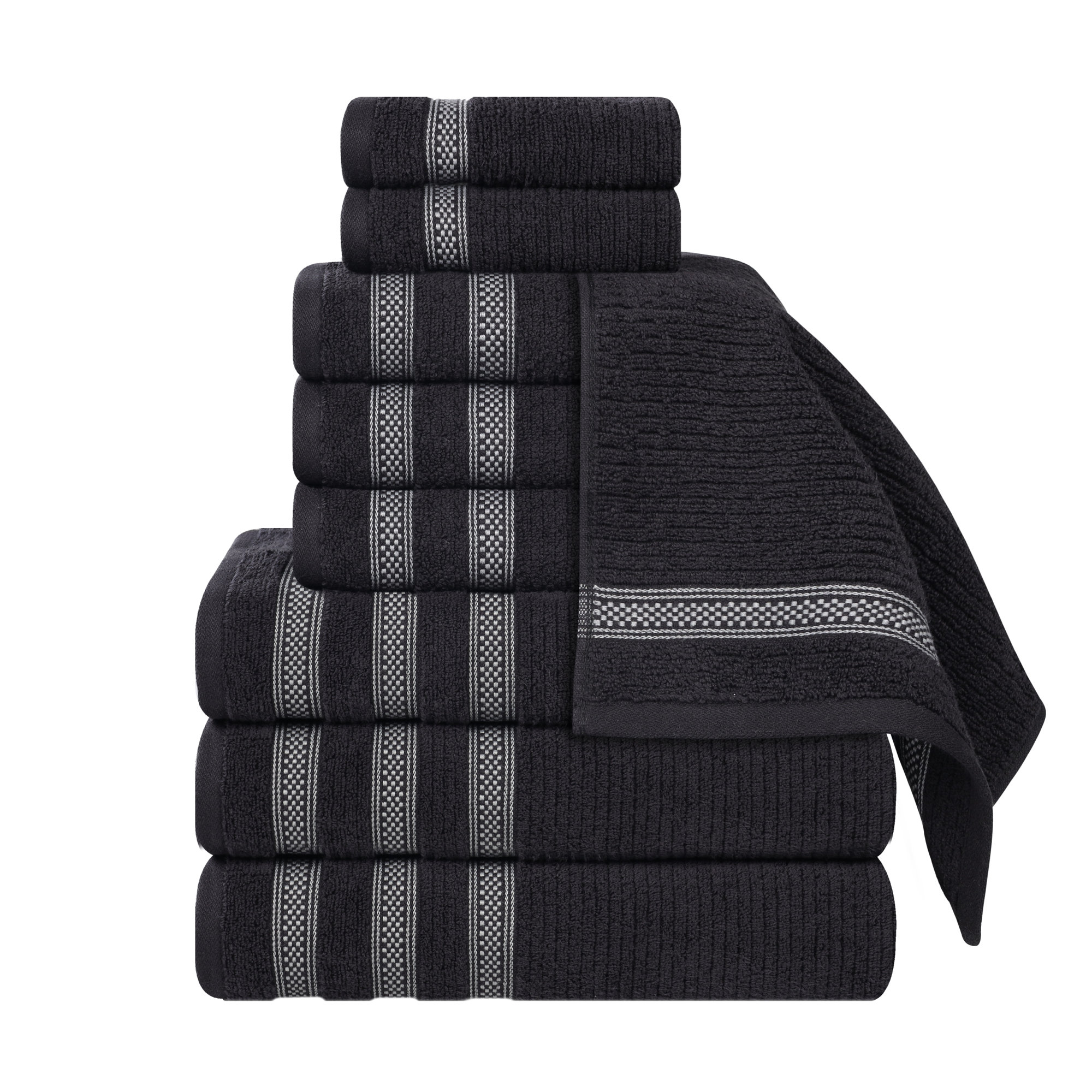 Orley Zero Twist Cotton Ribbed Modern Geometric Border Soft Highly-Absorbent Assorted Bathroom Towel Set, Black