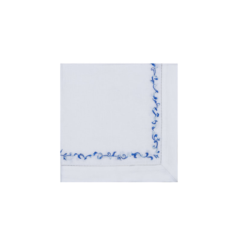 Wave Embroidered Linen Napkin, White/Blue