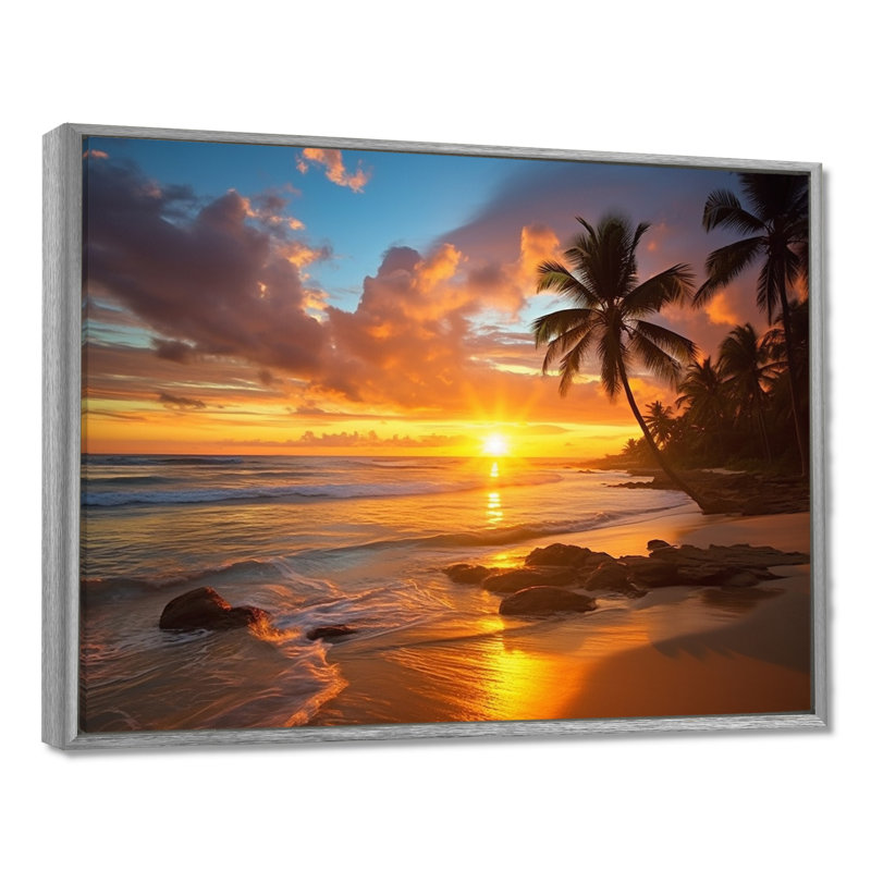 Plage, coucher de soleil, sérénade, art de la plage côtière, H 16 po x l 32 po, Encadrement argenté