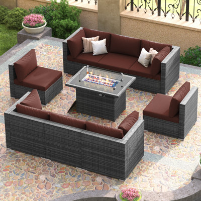 Ensemble de conversation de patio en osier 9 pièces avec table de foyer rectangulaire modulaire, double combustible, 60 000 BTU
