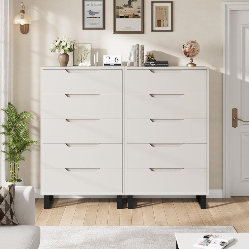 Commode de rangement autoportante élégante avec 5 grands tiroirs blanc