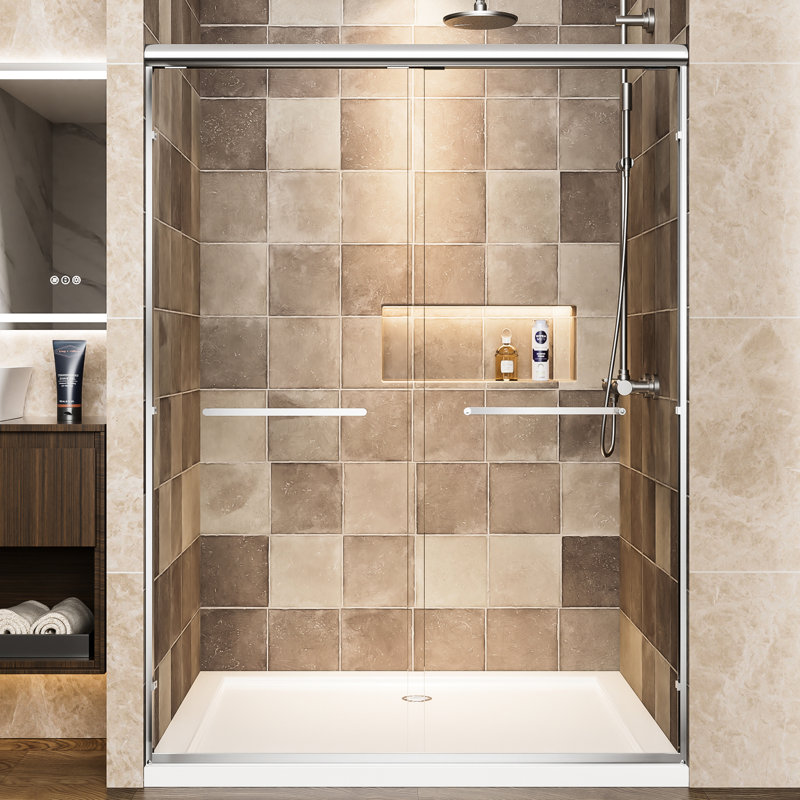 54" Wide 72" High Double Sliding Shower Door With Aluminum Frame, 1/4" Tempered Glass, - Shatter Film, Dual Stainless Steel Handles, Easy Installation, Waterproof, Reversible Install, Adjustable