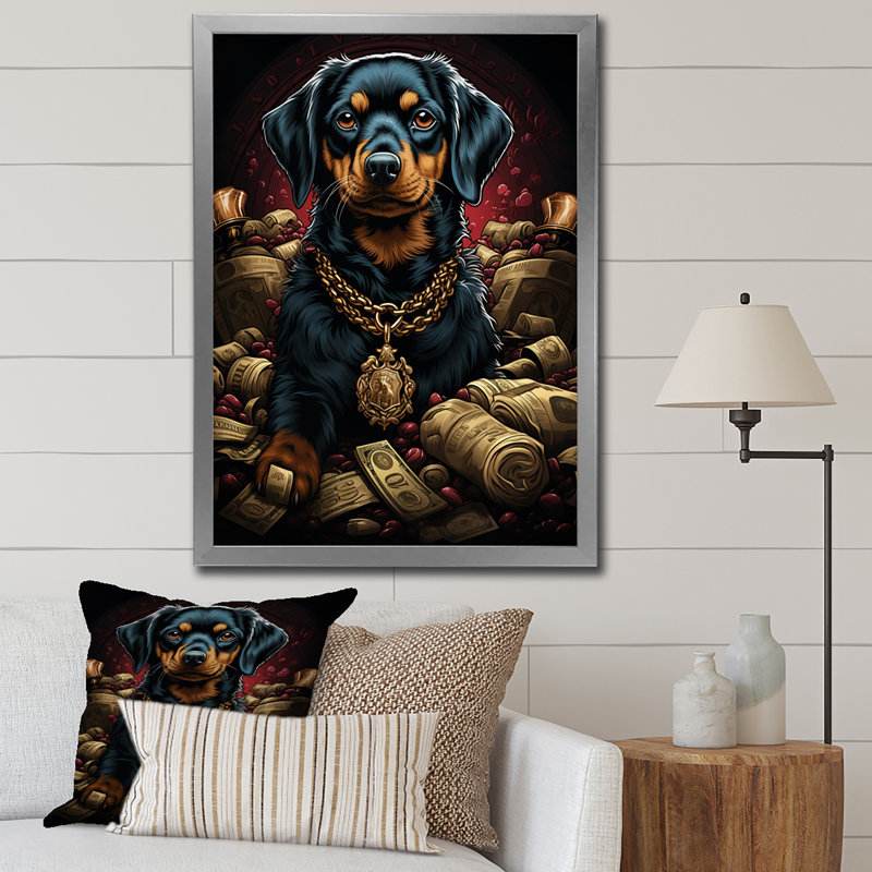 «Gangster Dachshund I» sur toile, H 32 po x l 24 po x P 1 po, Cadre simple argenté