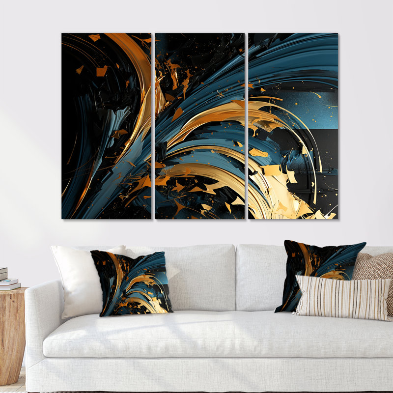 Ensemble de décoration murale Golden Golden Sunlight On Nuevo Blue II - Waves, Toile tendue, H 28 po x l 36 po x P 1 po