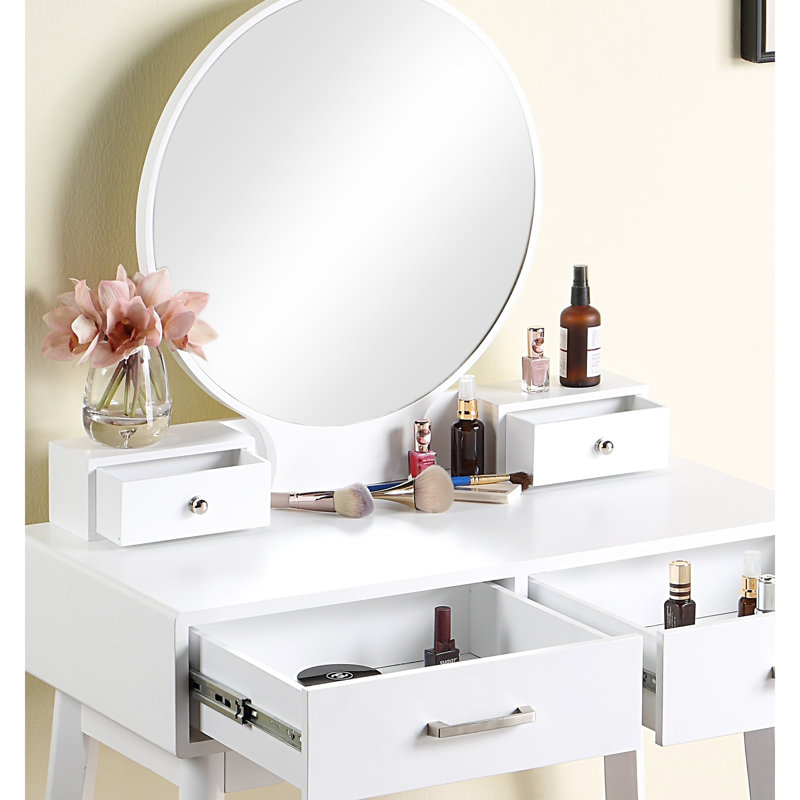 Vanity And Stool In White - Contemporary Look, Metal Glide Drawers, 15.75"D Table Top, 31.84"W X 53.74"H Tapered Legs, Storage 31.5"W Table, 48.4 Lb Package