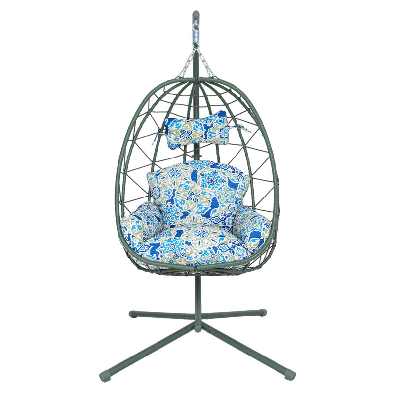 Fauteuil suspendu suspendu en osier avec support et coussin lavable pour patio, Vert