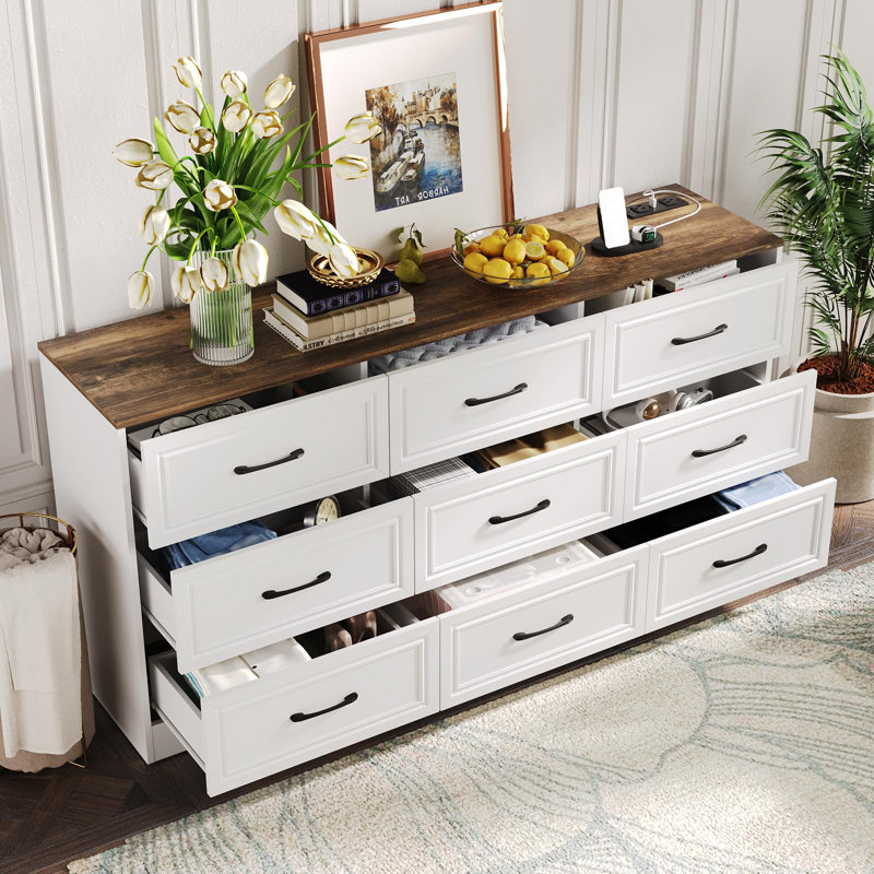 9 Drawer Wide Dresser For Bedroom, Brown
