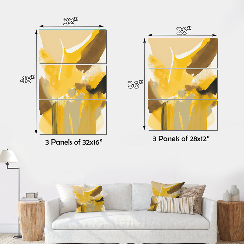 Moutarde jaune rétro I - ensemble abstrait d'art sur toile à encre liquide abstraite, H 48 po x l 32 po x P 1 po