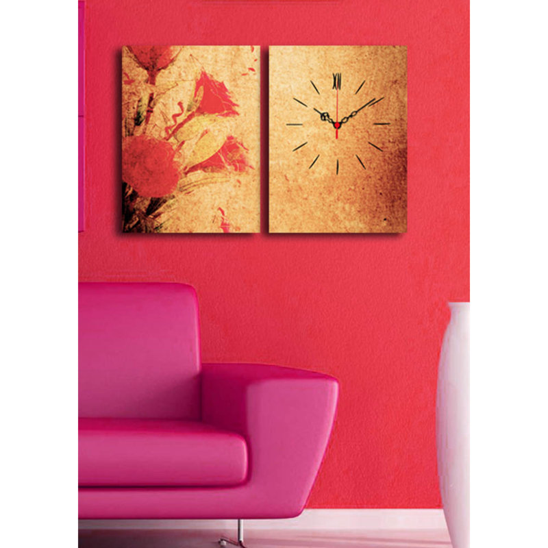 Horloge murale élégante en toile décorative (2 pièces), 25,2 po x 15,7 po | Toile 100% suède avec cadre 100% bois (épaisseur: 1,2 po) | Décoration élégante, parfaite pour les espaces de salon et de bureau, conception unique de garde-temps