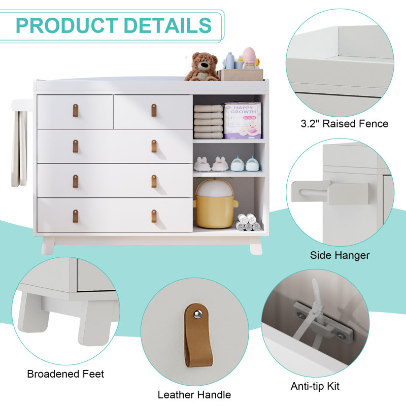 Commode de bébé blanche moderne avec table à langer - organisateur de rangement pour chambre de bébé à 5 tiroirs, tablettes réglables, barrière de sécurité - L 47,3 po x P 17,7 po x H 35,4 po