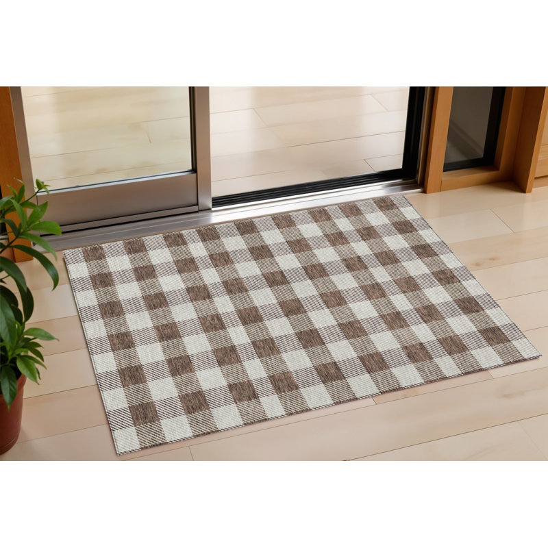 HomeRoots 3' X 5' Brown And Beige Plaid Washable Indoor Outdoor Area Rug