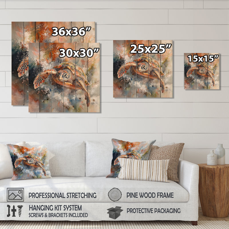 «Oceans Turtle Journey I», impression sur bois brun moderne sur bois de pin naturel, H 25 po x l 25 po