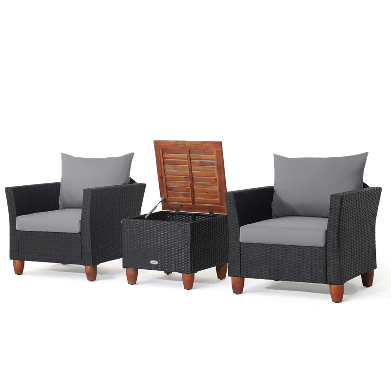 3 Pieces Patio Furniture Set Garden PE Rattan Chairs Conversation Set W/ Storage Table
