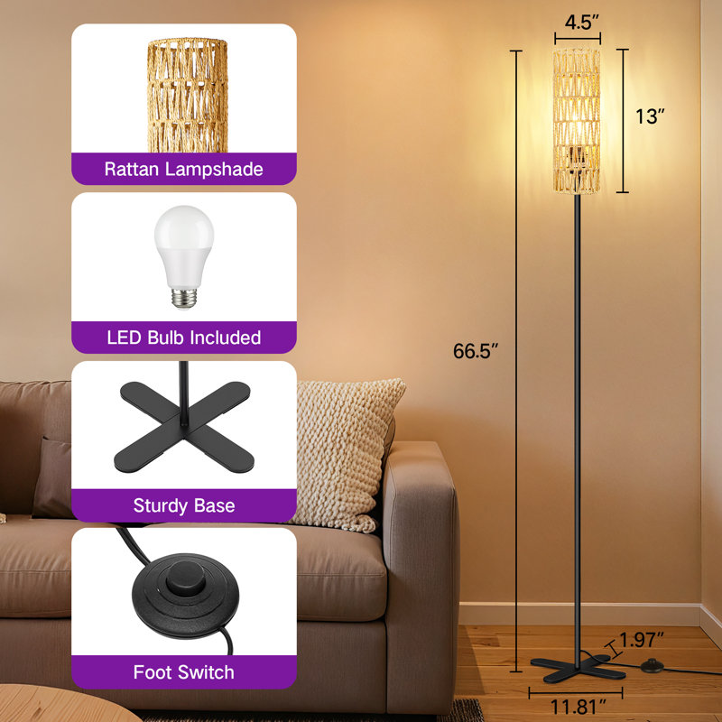 Lampe sur pied Farmhouse avec abat-jour en rotin travaillé à la main et interrupteur au pied
