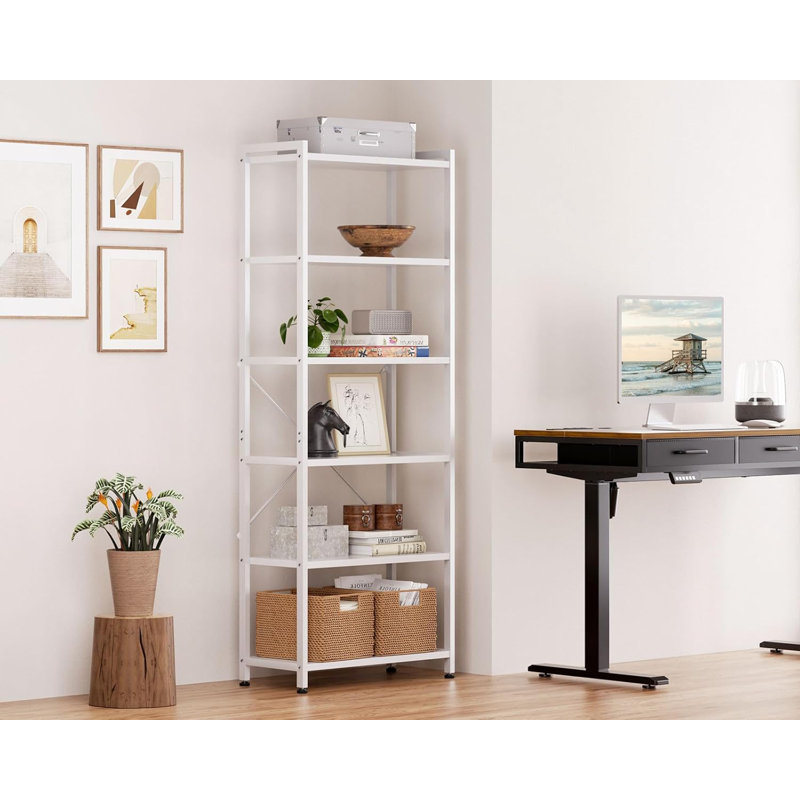 6 Tier Tall Bookshelf, Modern Wood Bookcase Shelves for Bedroom, Industrial Display Shelf for Living Room, White