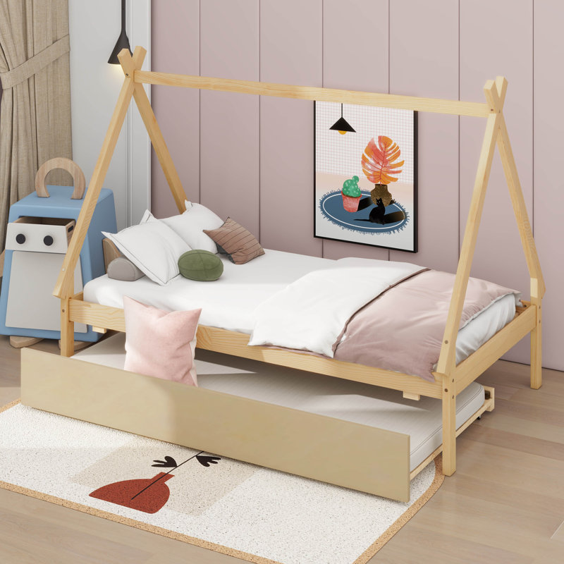 Lit de sol de tente simple Aquaisha, cadre de lit simple House avec lit gigogne escamotable, Naturel