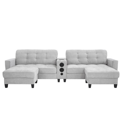 Modern Sectional Sofa 126" U-Shaped Sectional Sofa Modular Sectional Couch With Movable Storage Ottomans, Multifunctional Console, Bluetooth Speakers And LED Lights For Living Room, Light Grey