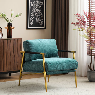 Chaise d'appoint contemporaine de 27,75 pouces de profondeur avec coussins moelleux confortables, structure en métal minimaliste, bois, or et teintes, pour les espaces confortables