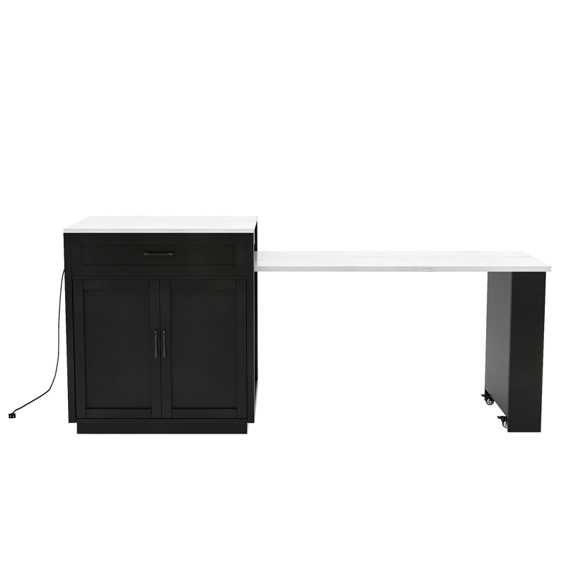 Cleanthes Kitchen Island with Extendable Dining Table, Cabinet and Integrated Power Ports, Black