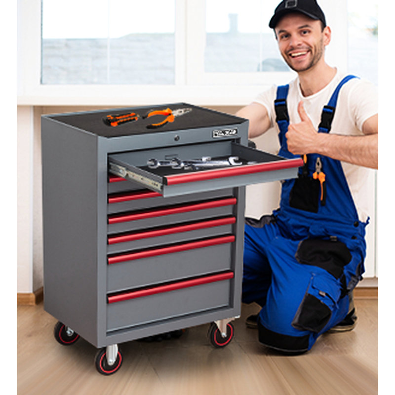 7 - Drawer 26.7Inch Tool Box With Carbon Steel Build, Silent Wheels, Locking Mechanism, And Spacious Drawers, Blue+Red Rolling Strong Design, Key Lock,