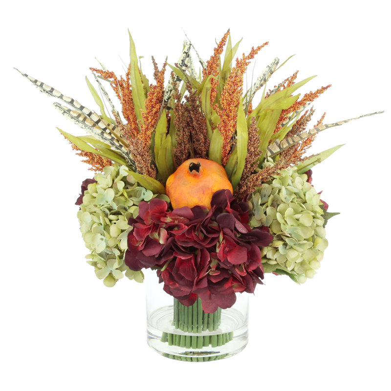 Fall Arrangement with Hydrangeas and Thistle, Green/Burgundy/Orange