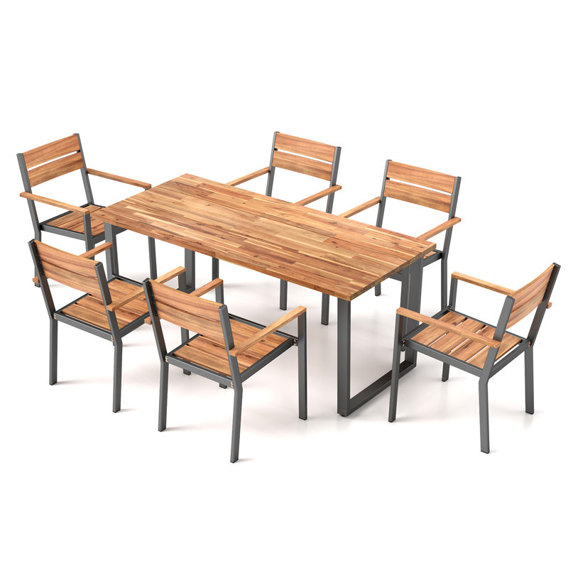 Ensemble de 7 chaises de table de patio, 69 po L Table de salle à manger avec trou pour parasol et chaise empilable