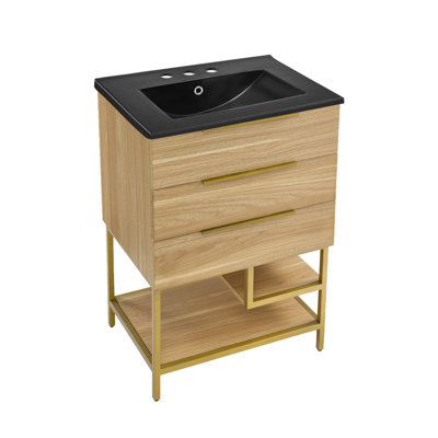 Carre 24 po Meuble-lavabo en chêne doré avec comptoir en céramique à 3 trous