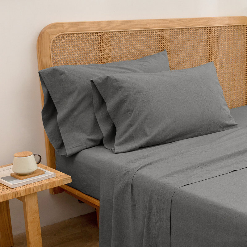 BESTOUCH Sheet Set 100% Washed Cotton Linen Feel Lightweight, Queen Sheet Set with 2 Pillowcases, Dark Gray