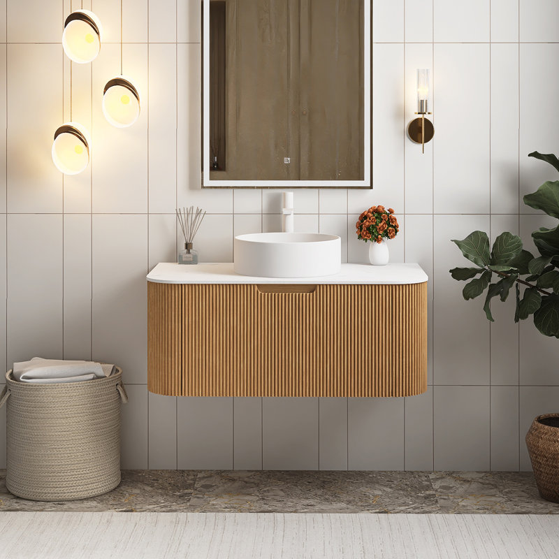 Meuble-lavabo flottant mural 36 po avec lavabo, Bois naturel