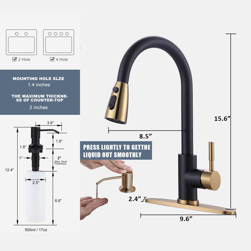Kitchen Faucet With Soap Dispenser, Stainless Steel Pull-Down Faucet, Single Handle High Arc Kitchen Faucet., Black/Gold