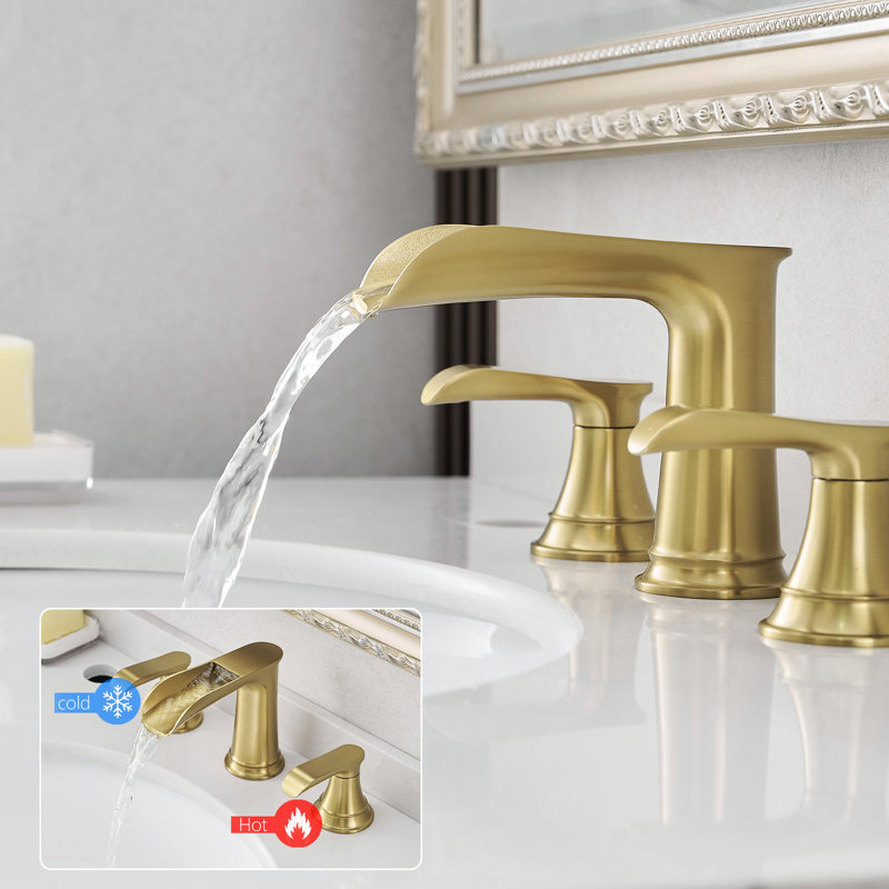 8 Inch Widespread Bathroom Faucet In Gold, 3 Hole, Double Lever Handle, With Pop Up Drain Attachment Hole Sink Faucet, Gold Plating, And Hose Unit Kit