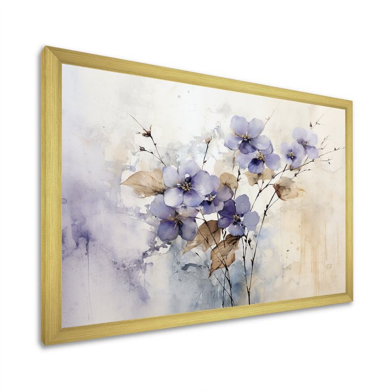 Beige et mauve orné de violettes - Violettes, reproductions encadrées, H 16 po x l 32 po x P 1 po, Cadre doré simple