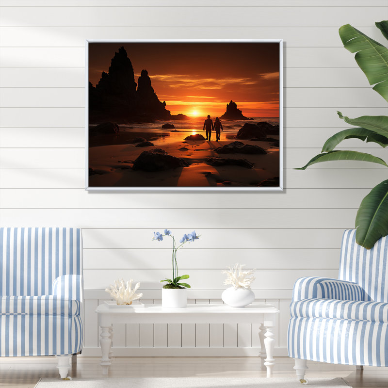 Beach Silhouettes Sunset III, reproduction d'art sur toile, H 16 po x l 32 po x P 1 po, Cadre flottant blanc