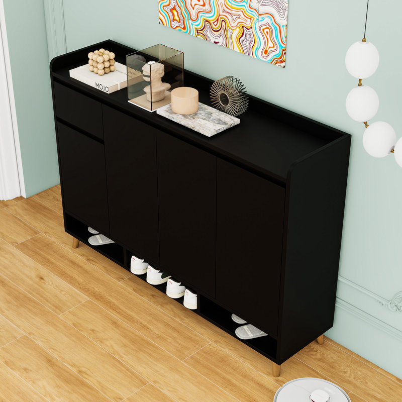 Contemporary Shoe Storage Cabinet with Adjustable Shelves, Solid Wood Legs and Ample Storage Space, Black